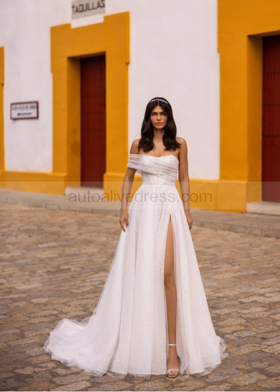 Ivory Glitter Tulle High Slit Sexy Wedding Dress